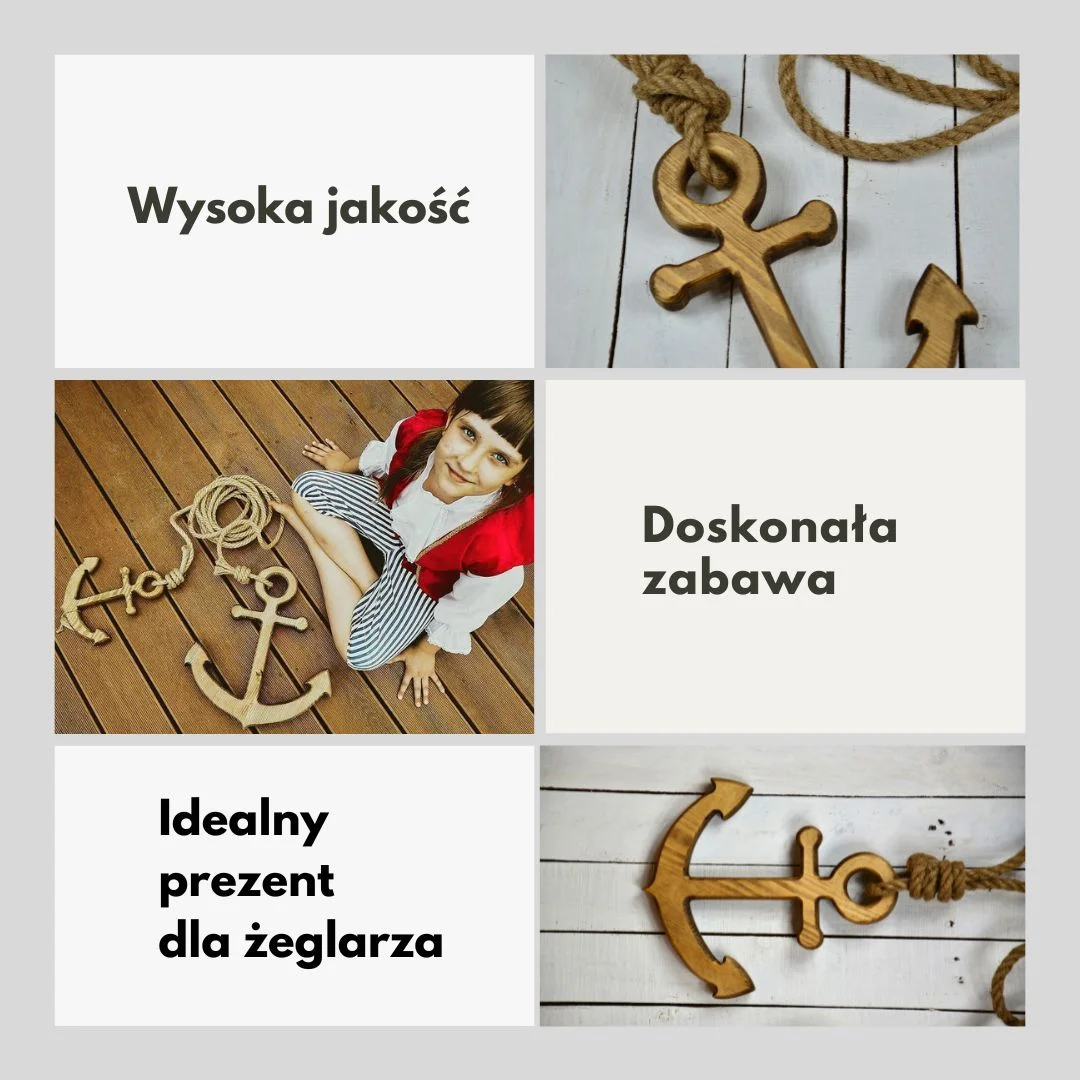 Drewniana kotwica z liną na tle drewnianej podłogi.