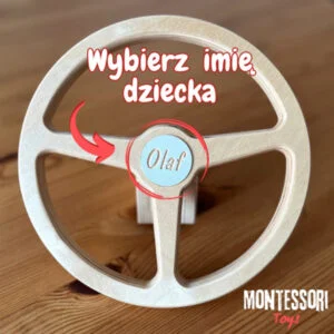 Drewniana zabawkowa kierownica z możliwością personalizacji imienia.