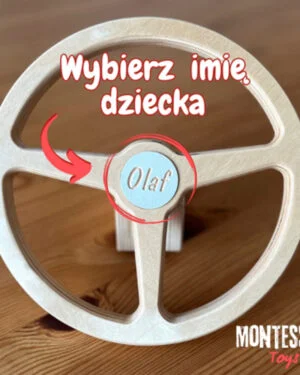Drewniana zabawkowa kierownica z możliwością personalizacji imienia.