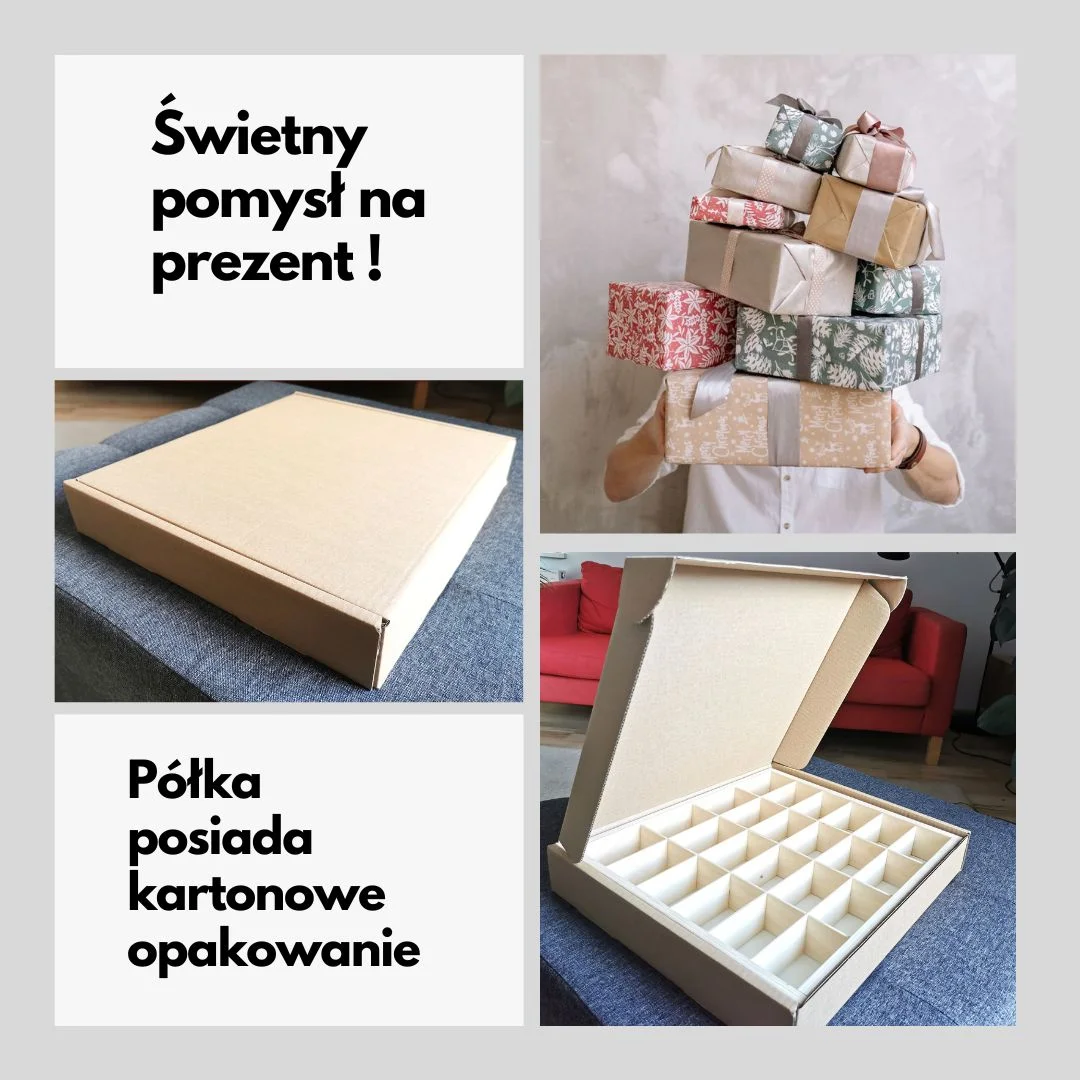 Osoba z prezentami, kartonowe opakowanie na półkę.