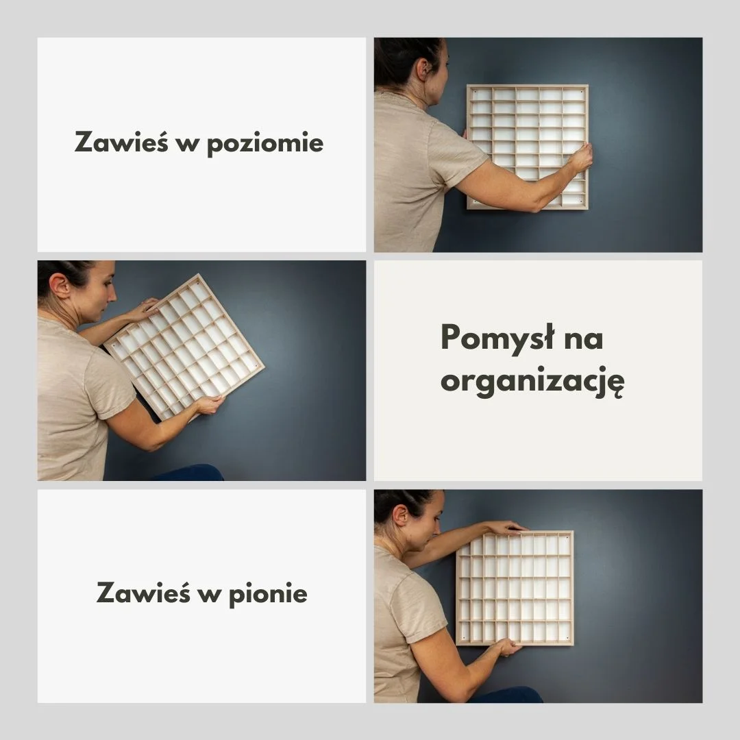 Osoba wiesza drewnianą półkę na ścianie w różnych pozycjach.