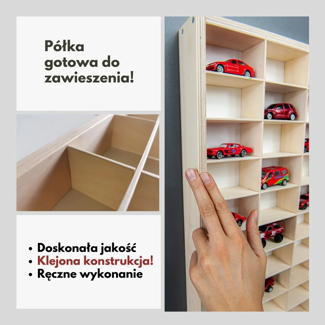 Półka na modele samochodów, gotowa do zawieszenia.