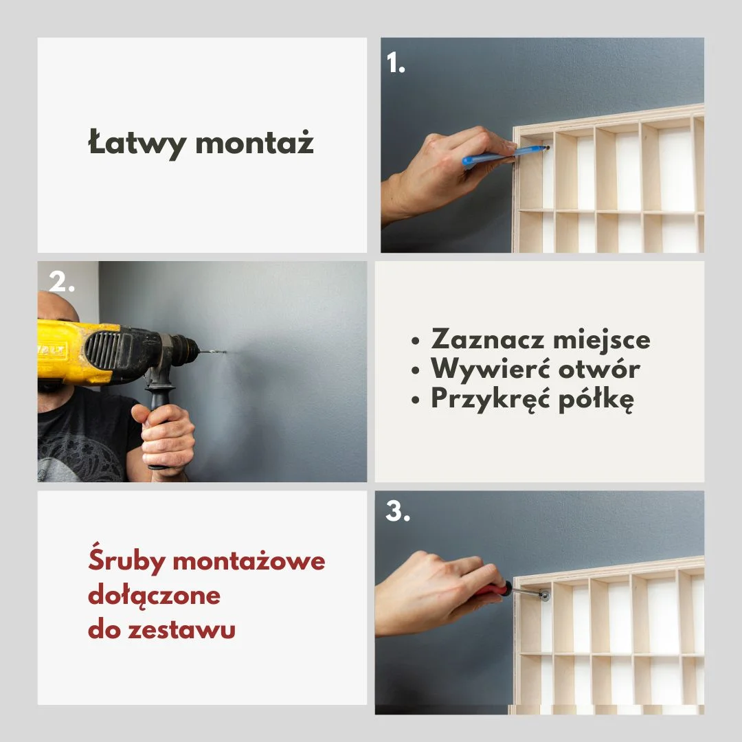 Instrukcja montażu półki na ścianie w trzech krokach.