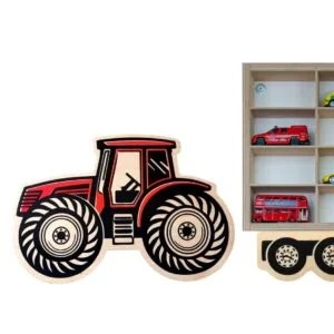 Drewniana zabawka w kształcie czerwonego traktora