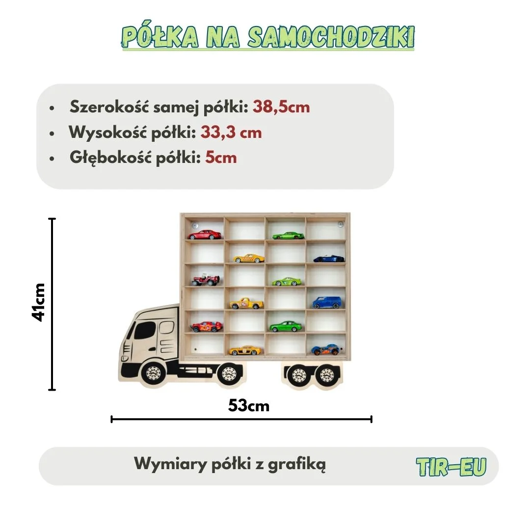 Półka na samochodziki w kształcie ciężarówki z wymiarami.
