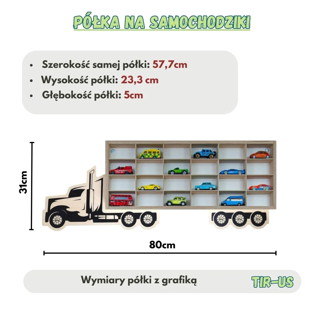 Półka na samochodziki w kształcie ciężarówki z wymiarami.