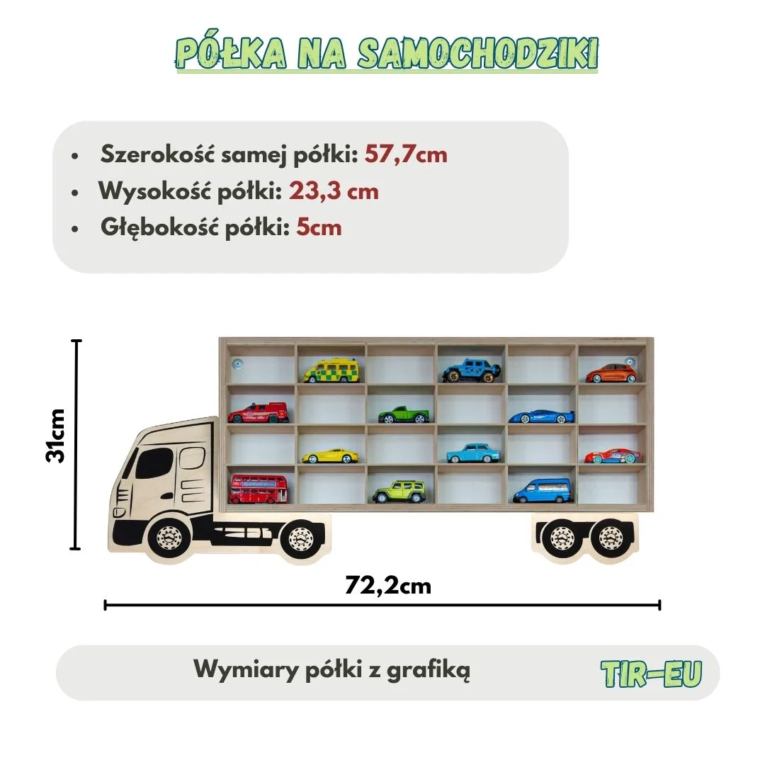 Półka na samochodziki w kształcie ciężarówki z wymiarami.