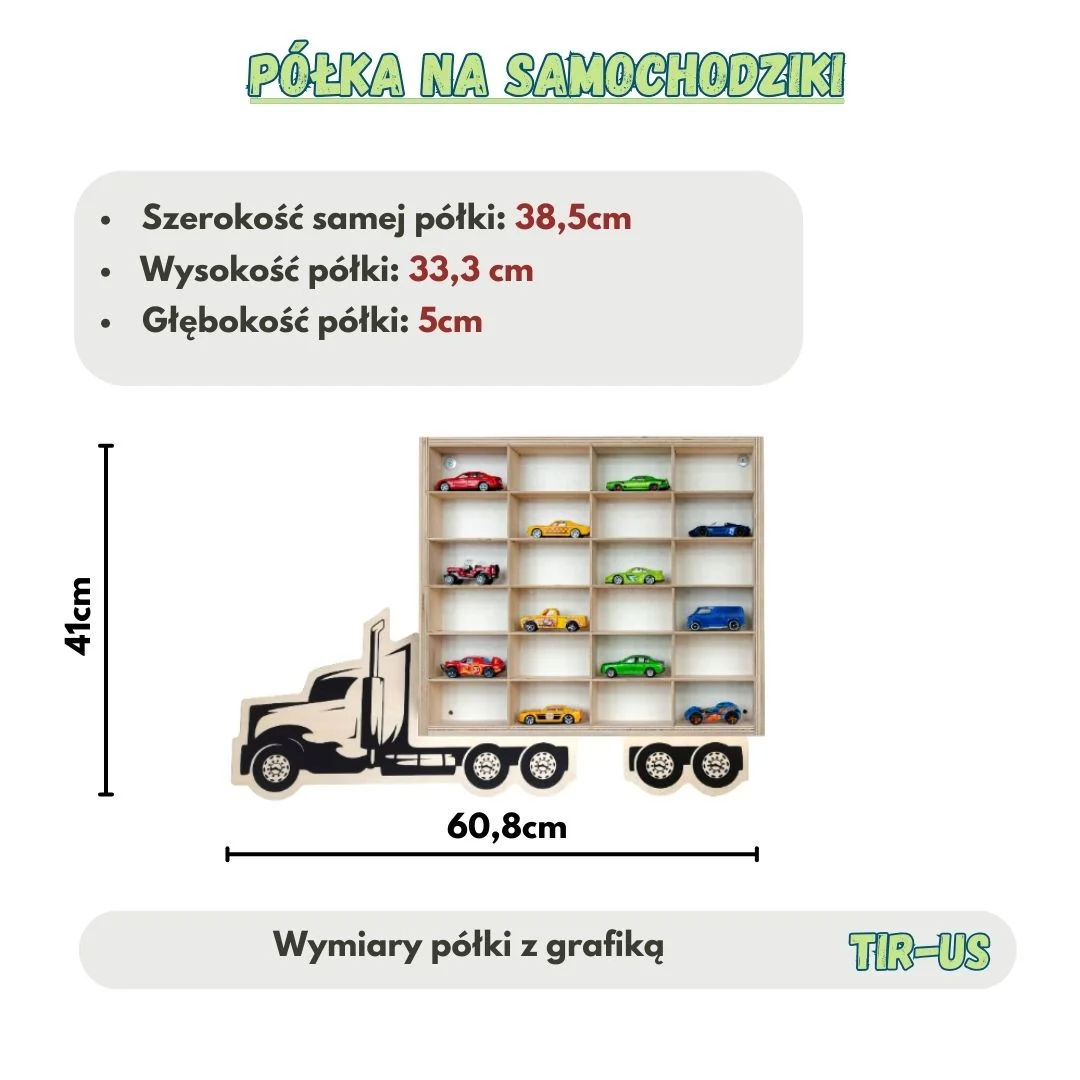 Półka na samochodziki w kształcie ciężarówki z wymiarami.