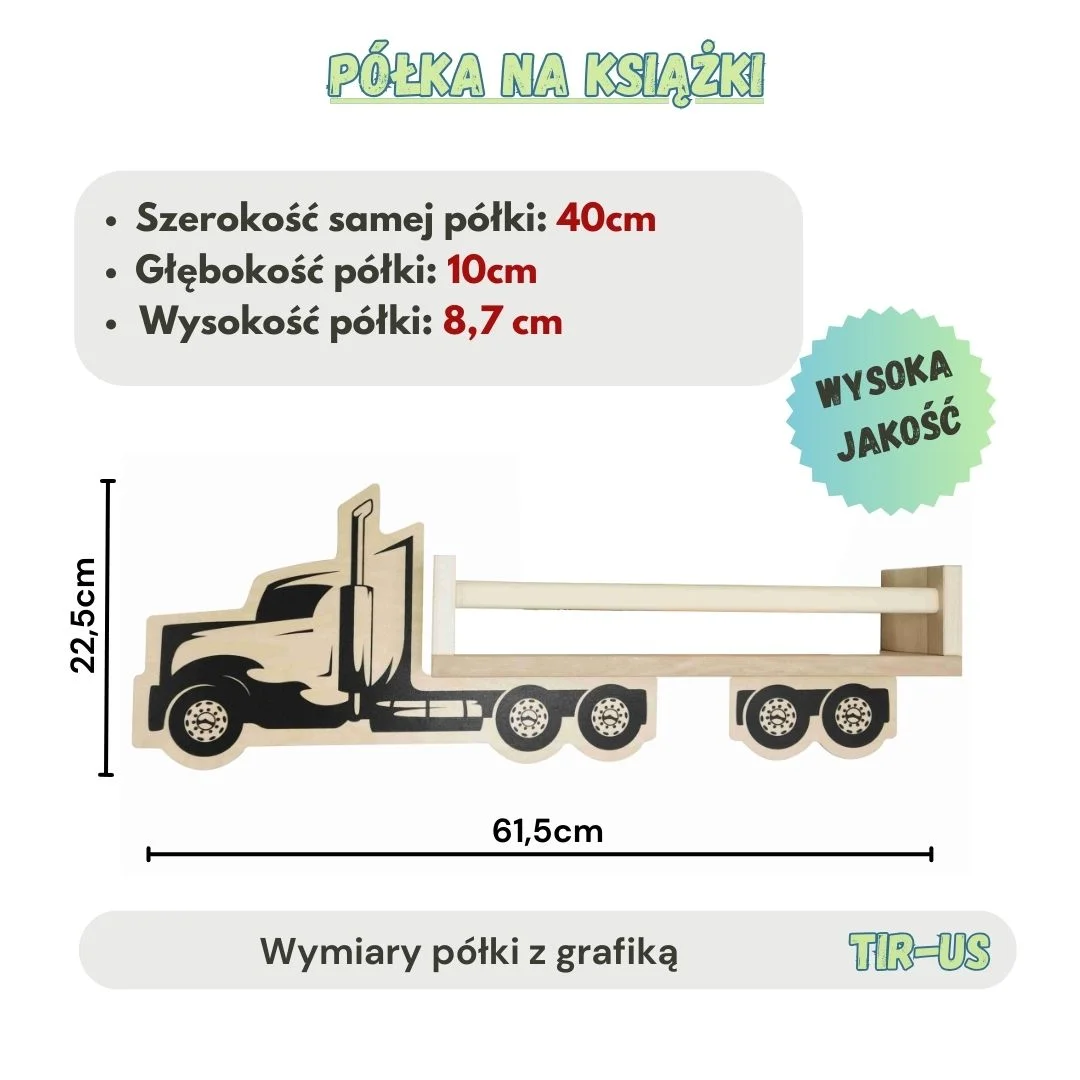 Półka na książki w kształcie ciężarówki, wymiary i wysoka jakość.