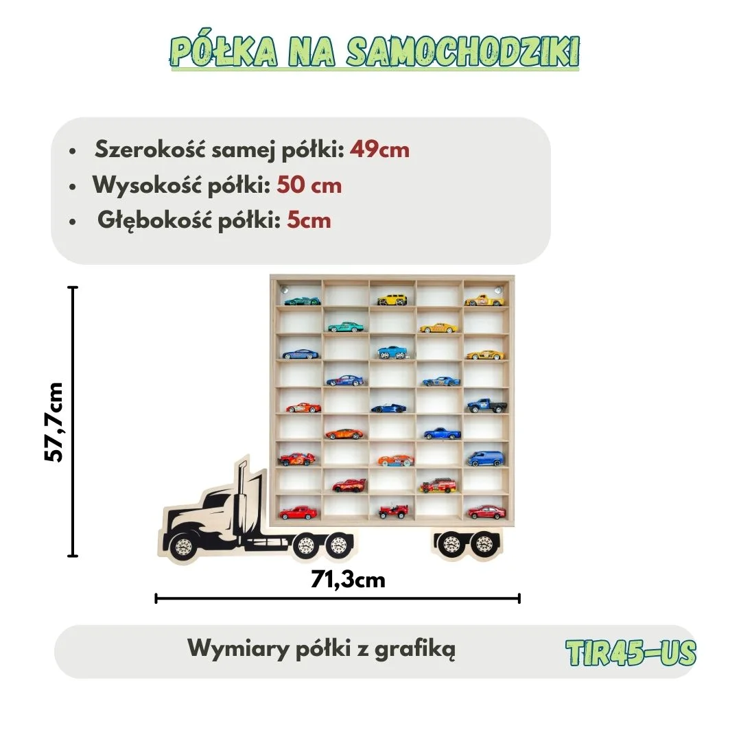 Półka na samochodziki w kształcie ciężarówki z wymiarami.