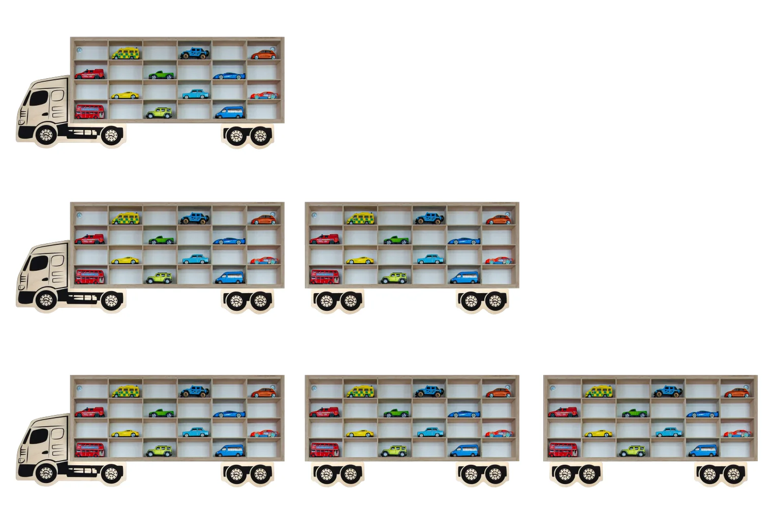 Regał w kształcie ciężarówki z miniaturowymi autami.
