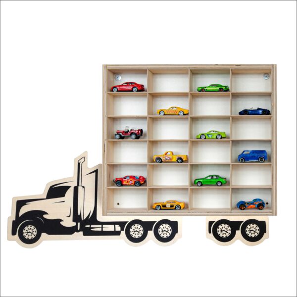 Drewniana półka na resoraki w kształcie TIRA – idealna na Hot Wheels, Matchbox, SIKU, LEGO, figurki i inne kolekcje