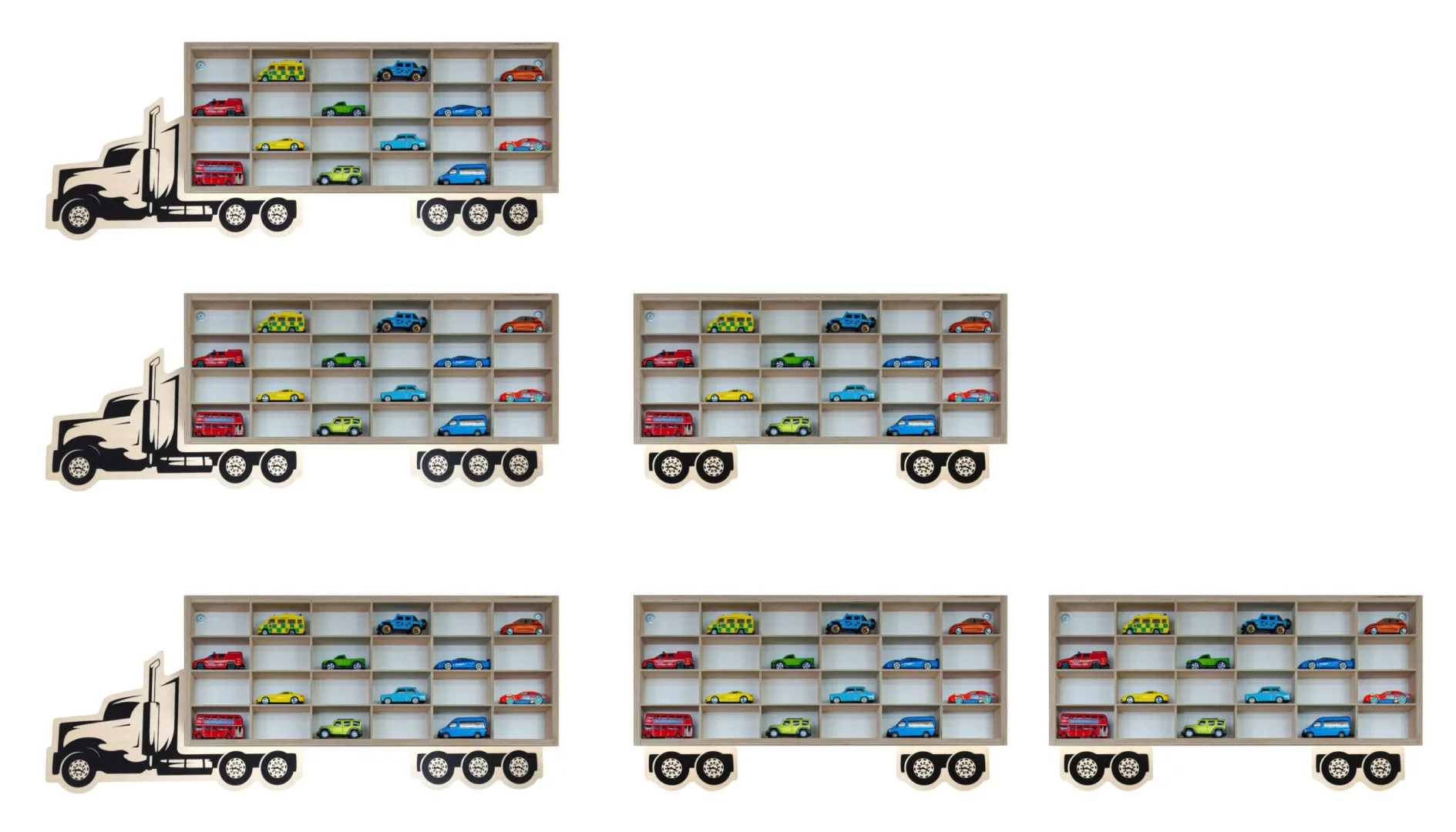 Drewniana półka w kształcie ciężarówki z kolorowymi modelami samochodów.