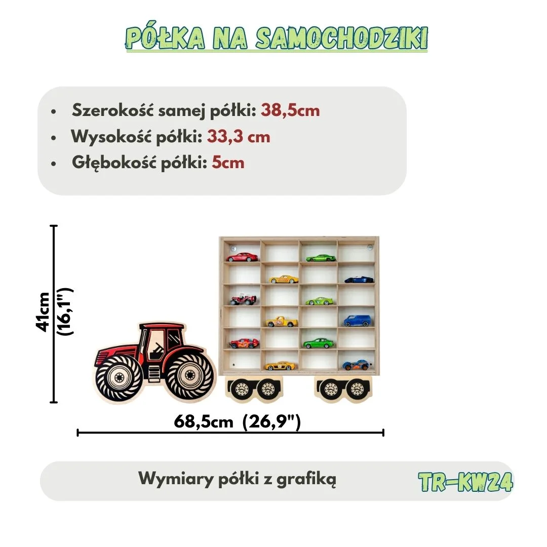 Półka na samochodziki z wymiarami i grafiką traktora.