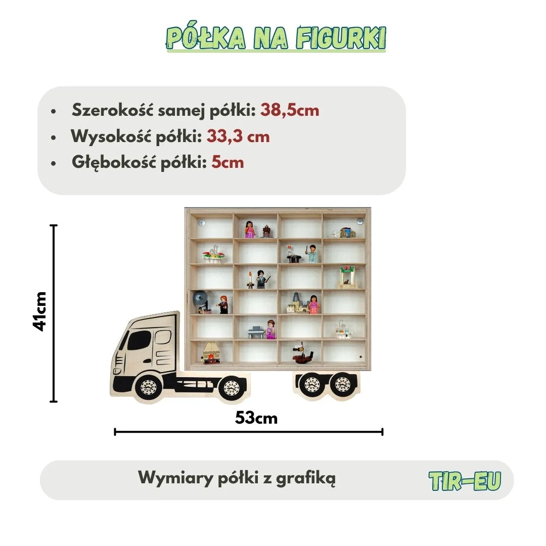 Półka na figurki w kształcie ciężarówki z wymiarami.