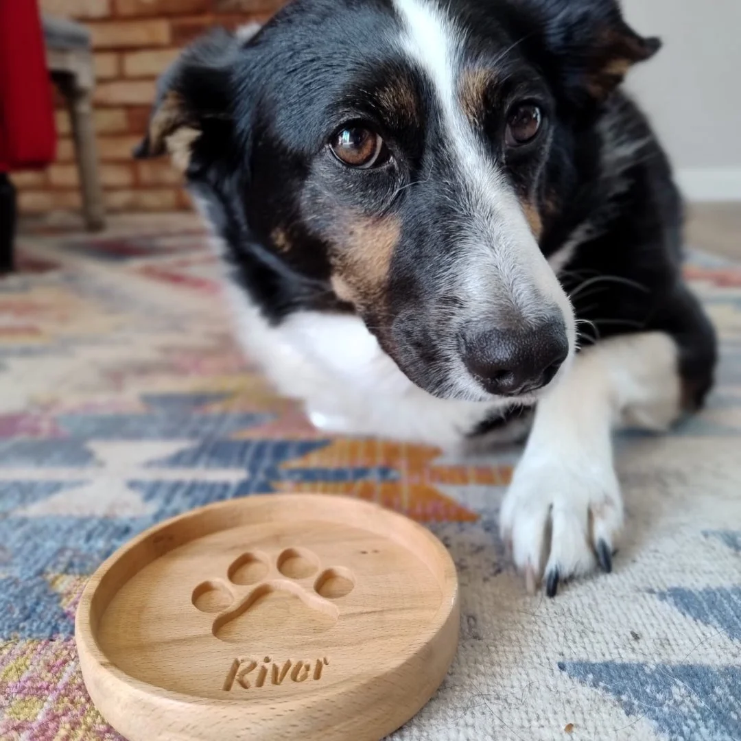 Pies leżący obok drewnianej podkładki z wyrytym odciskiem łapy.