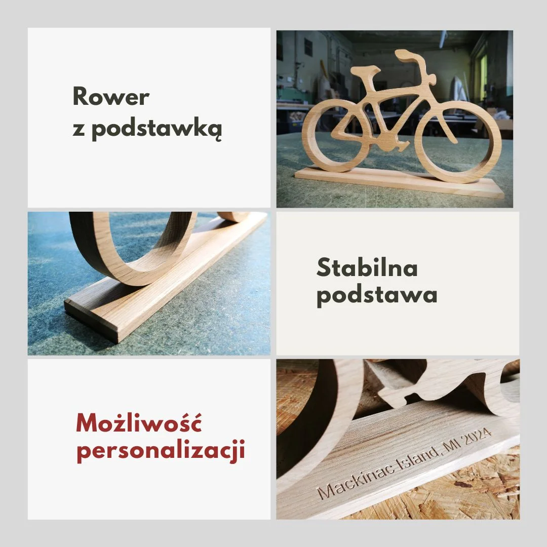Drewniany rower z podstawką, stabilna konstrukcja, możliwość personalizacji.