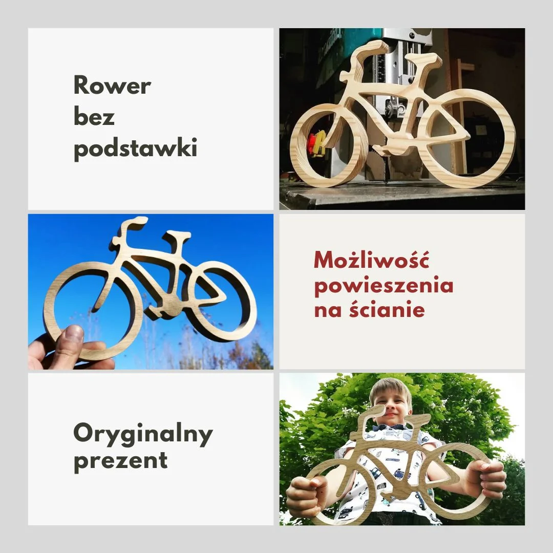 Drewniany rower dekoracyjny z możliwością powieszenia na ścianie.