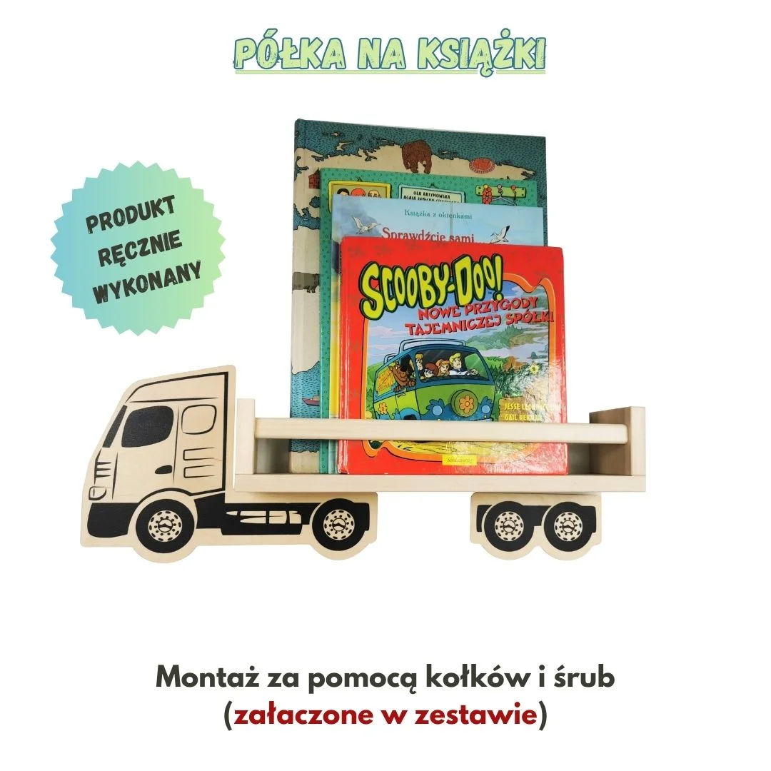 Półka na książki w kształcie ciężarówki z kolorowymi książkami.