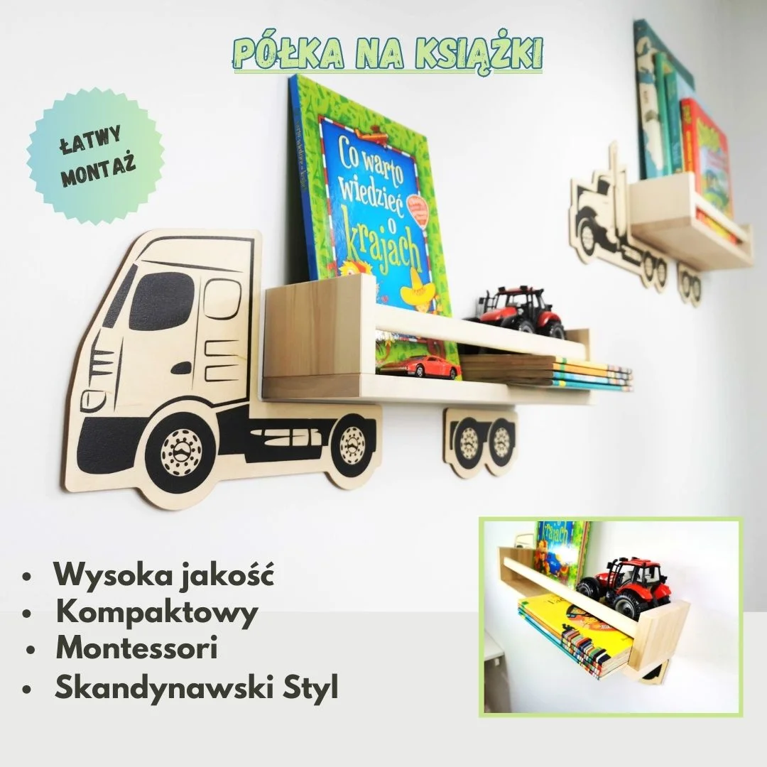 Półka na książki w kształcie ciężarówki z książkami i zabawkami.