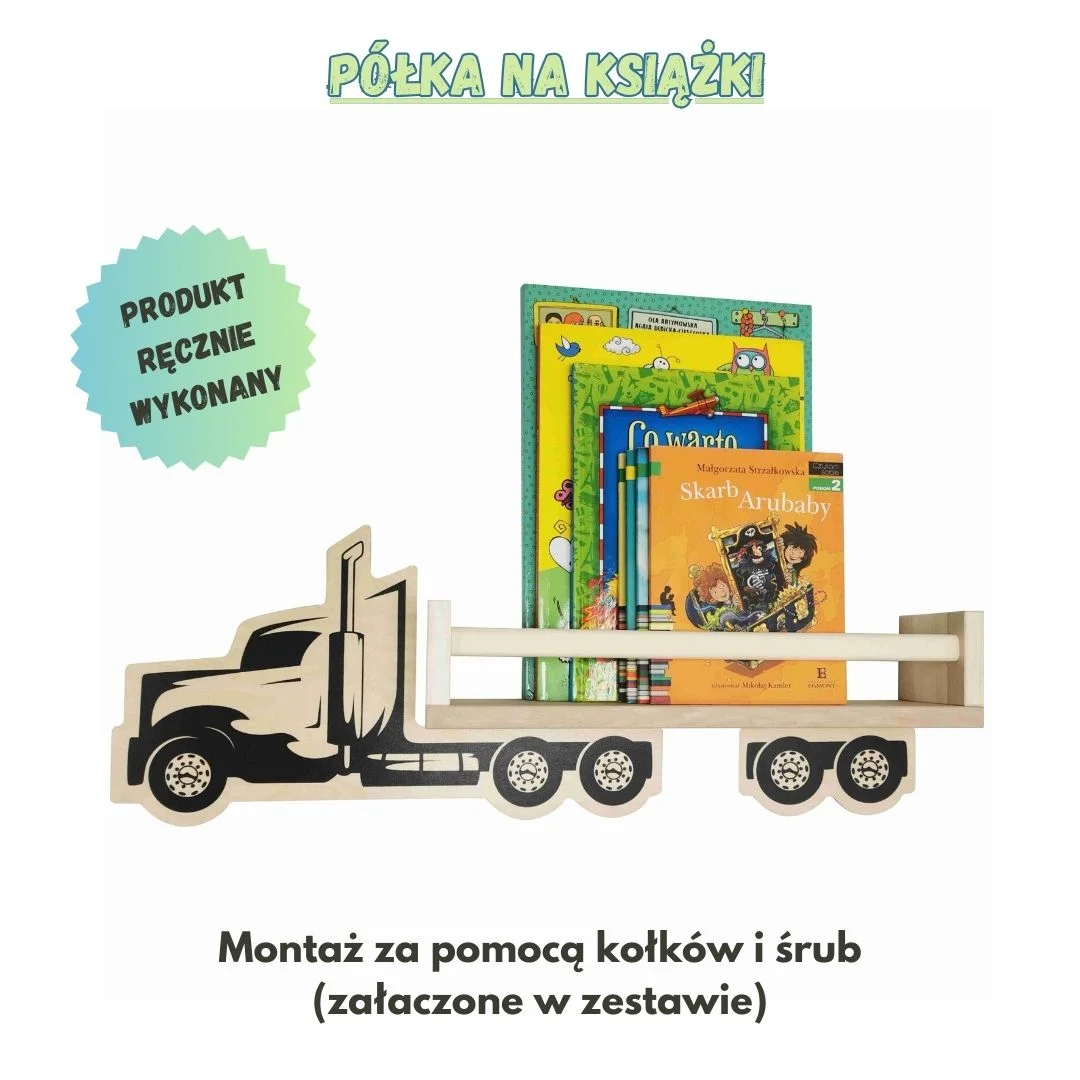 Półka na książki w kształcie ciężarówki z kolorowymi książkami.