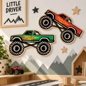 Drewniane dekoracje ścienne w kształcie monster trucków.