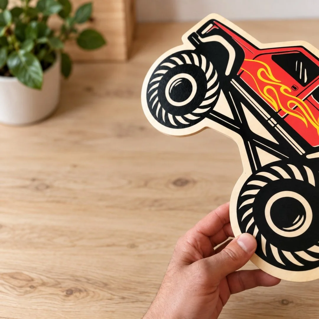 Drewniany monster truck z płomieniami, trzymany w dłoni.