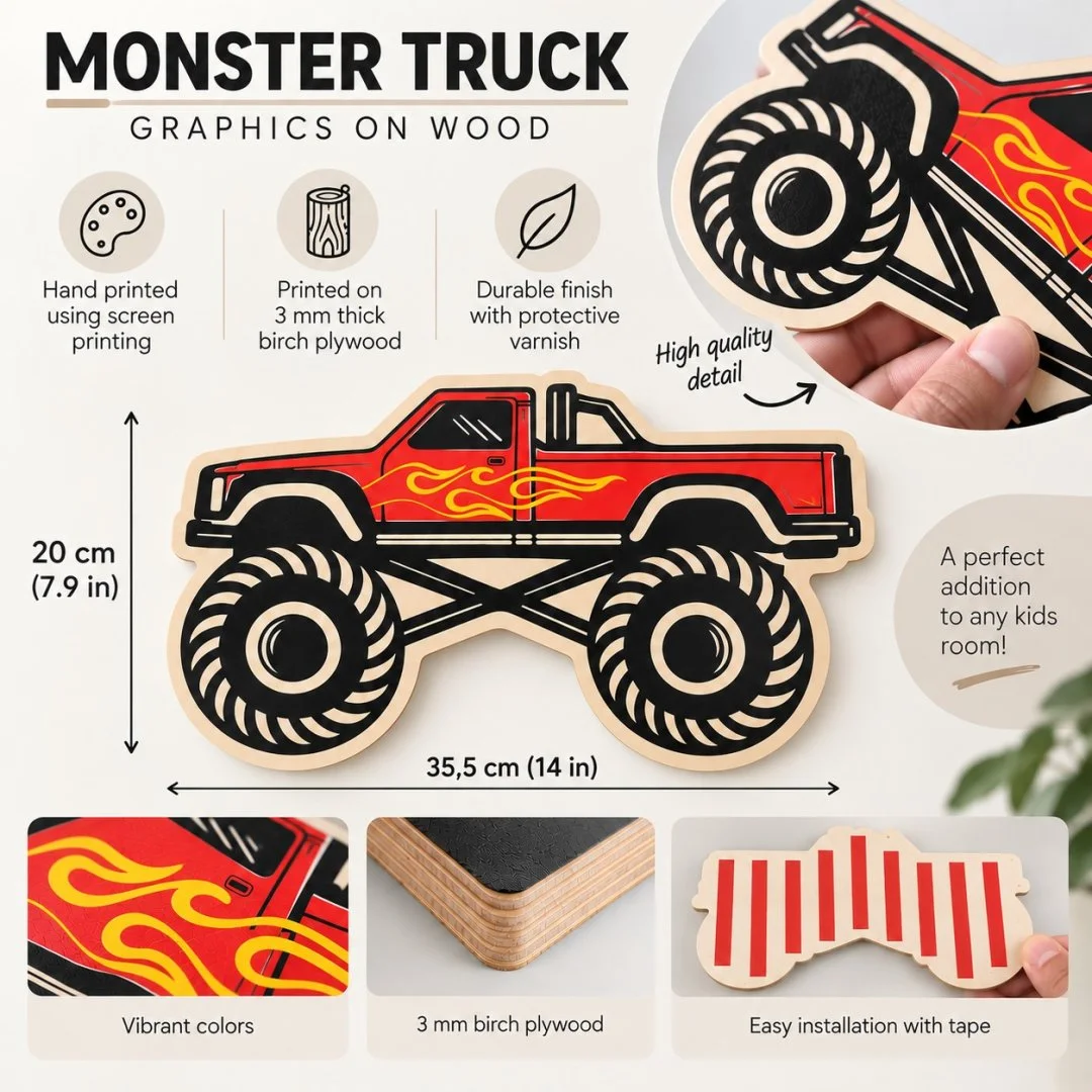 Drewniana grafika monster trucka z płomieniami.