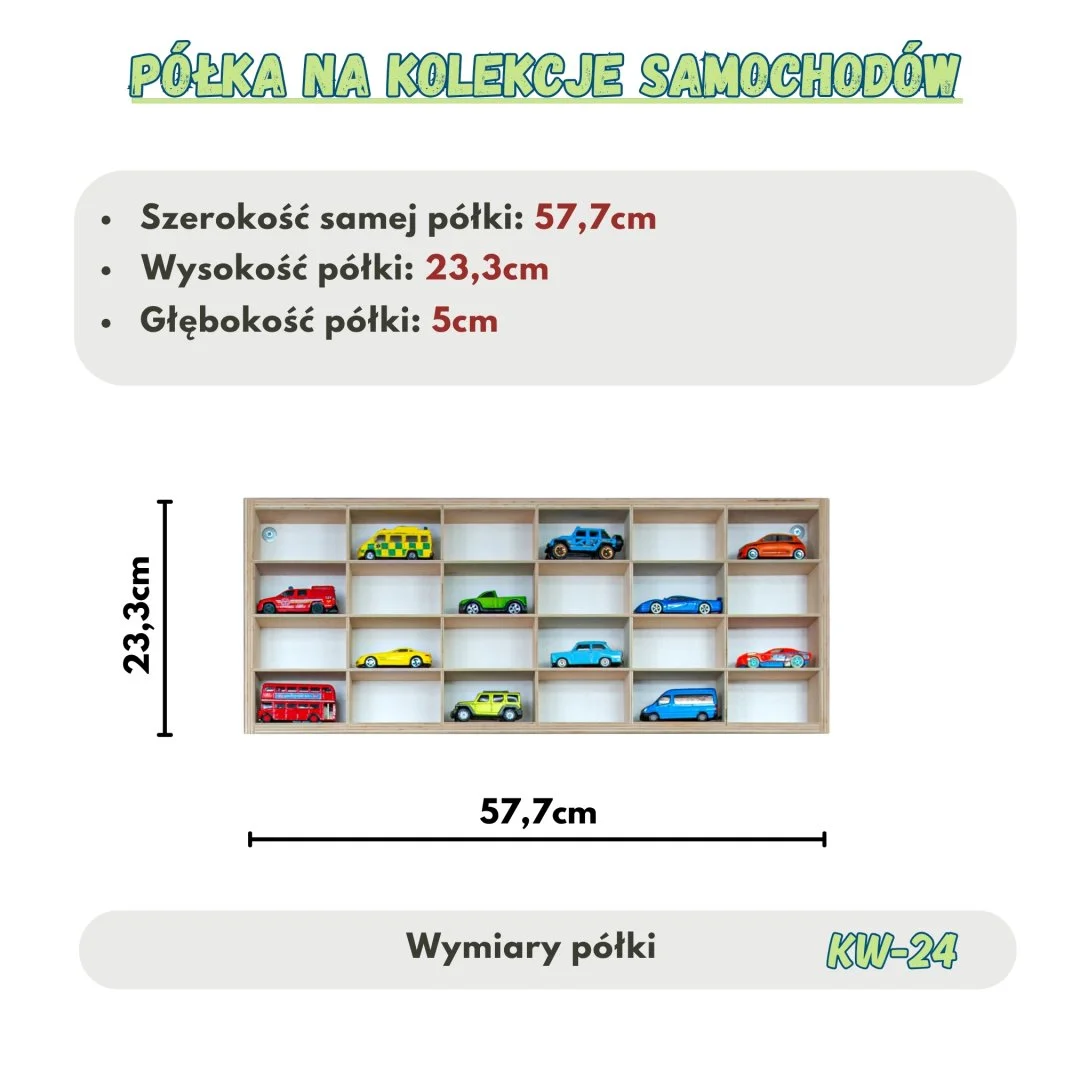 Półka na kolekcję samochodów z wymiarami.