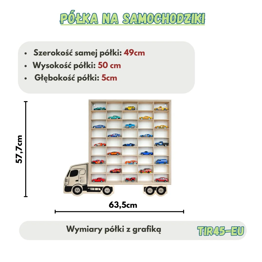 Półka na samochodziki z wymiarami i grafiką ciężarówki.